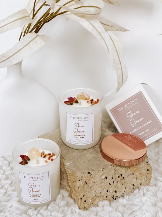 SHE IS WOMAN / Carnelian & Citrine Crystal Candle / Fragranced with Fierce